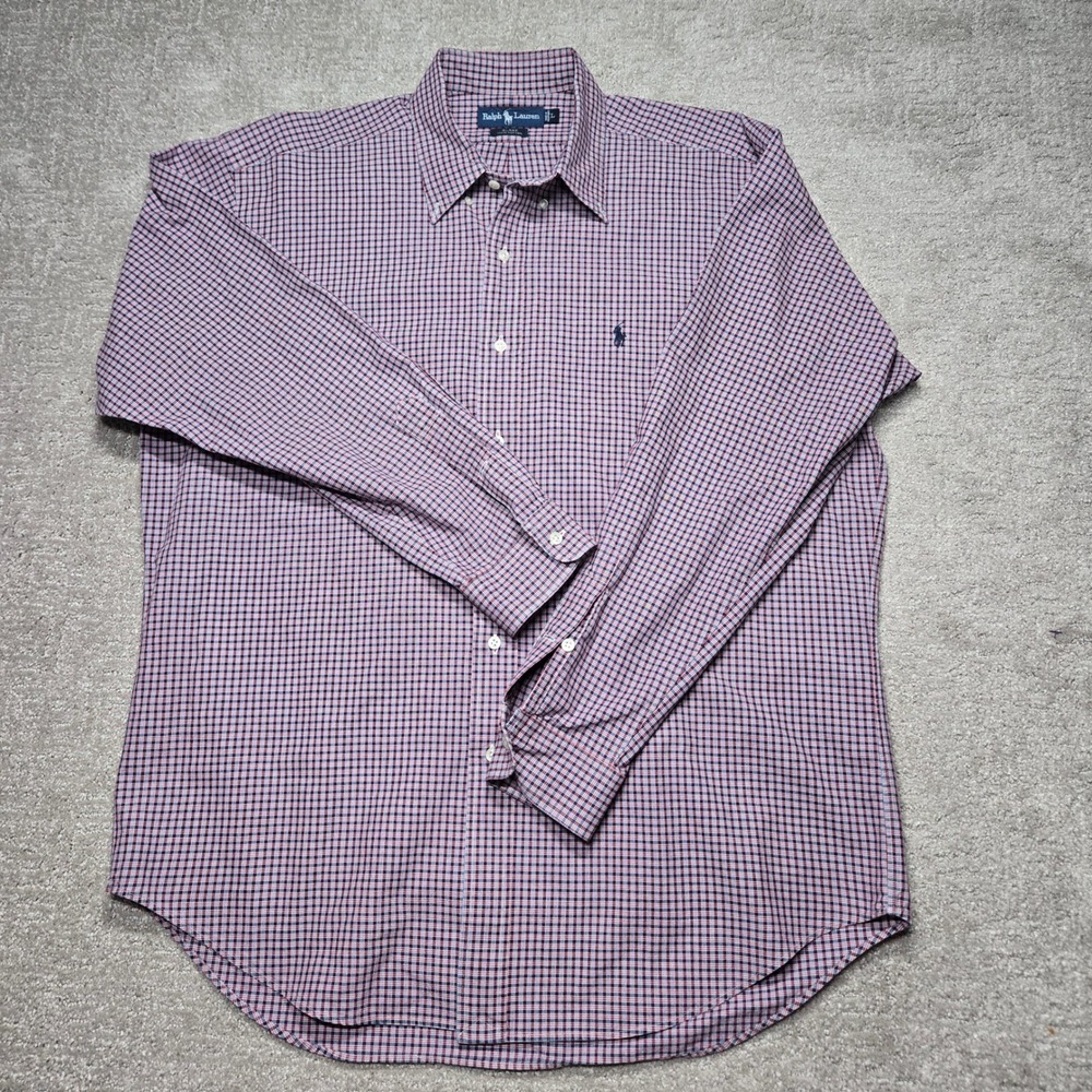 Ralph Lauren Mens Large L Button Down Shirt Mini Check Plaid Cotton Navy Red